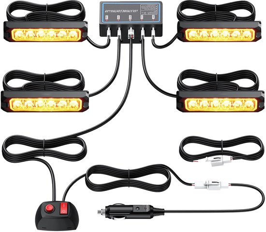 Vier gele LED-flitslichten, een controller, een schakelaar en autostekker, aangesloten met diverse kabels.