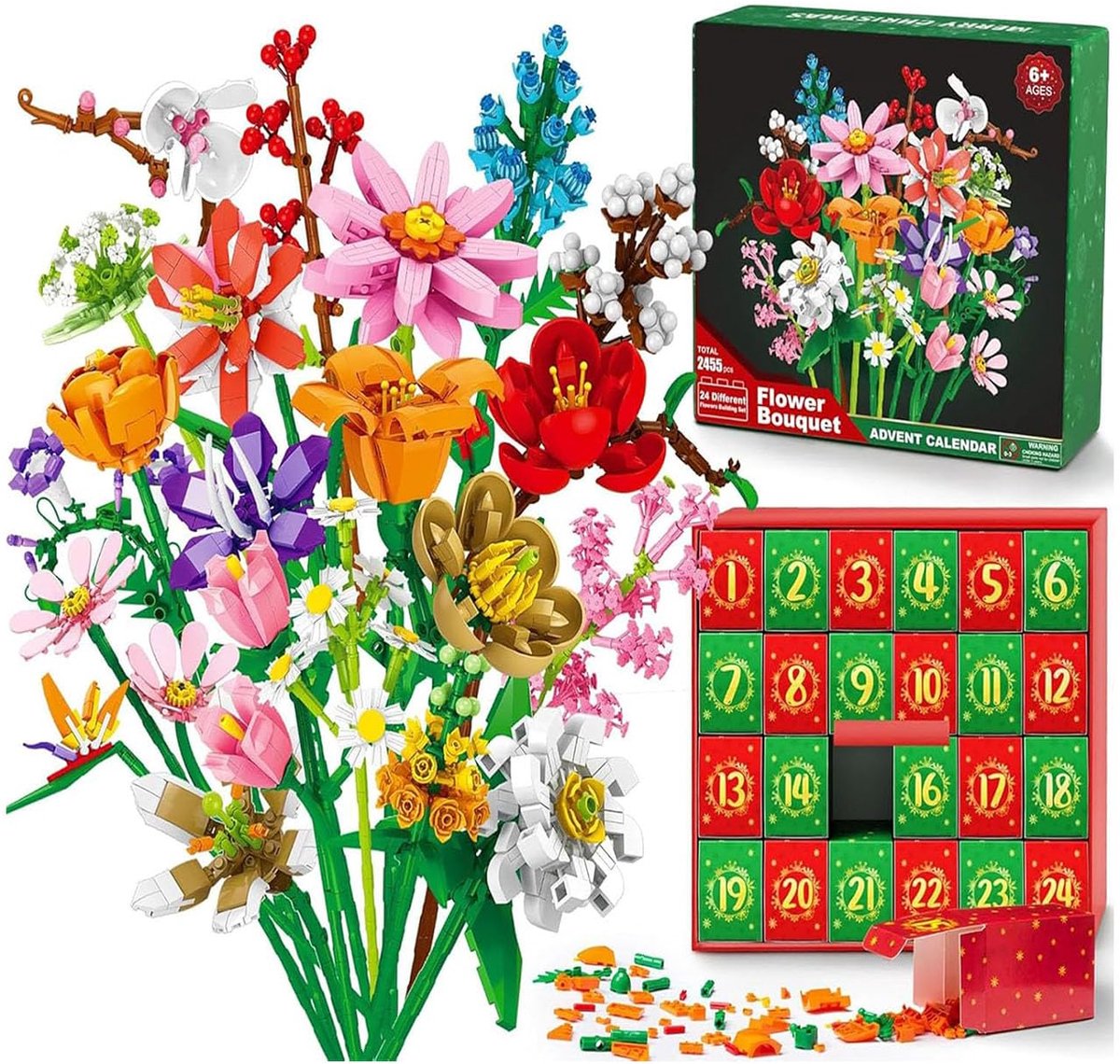 Adventskalender 2026, voor kinderen, volwassenen en tieners, 24-daagse adventskalender, kerstkalender met bouwblokken in de vorm van een boeket, speelgoedset met bouwblokken in de vorm van kunstbloemen