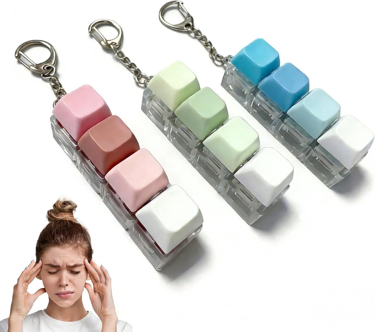 Toys, 3 stuks, fidget-speelgoed, sleutelhanger voor stressvermindering, grappig toetsenbord met 4 toetsen, voor volwassenen en studenten, decompressieverbruik, tijd (B)