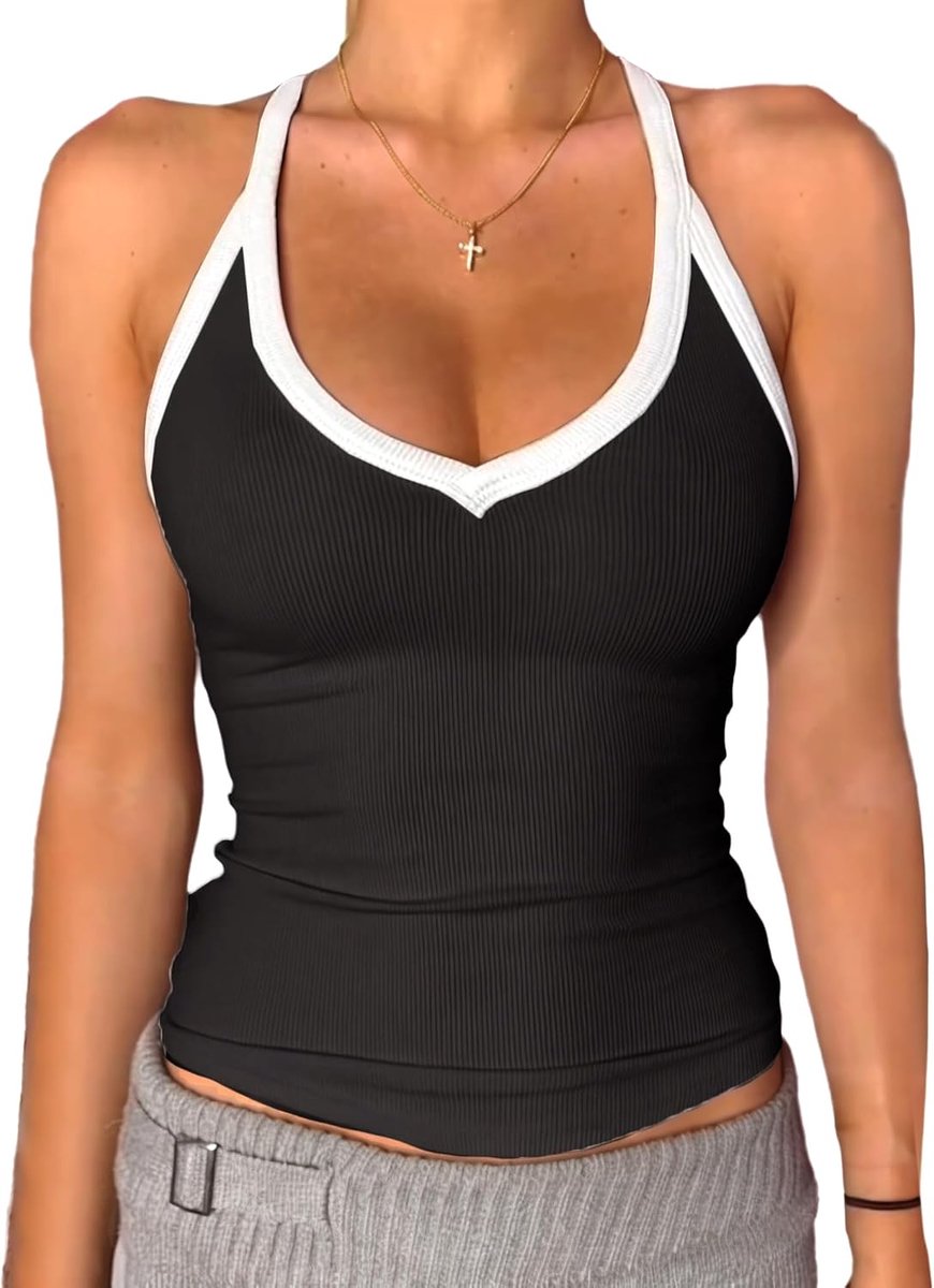 Dames V-hals Racerback Gewatteerde Geribbelde Lange Fitted Basic Cami Tops, Kleur blok zwart, S | Geribbelde vest voor dames, gevoerd, mouwloos, zomer, bovenstuk, uitgaan, workout, party, basic cami top