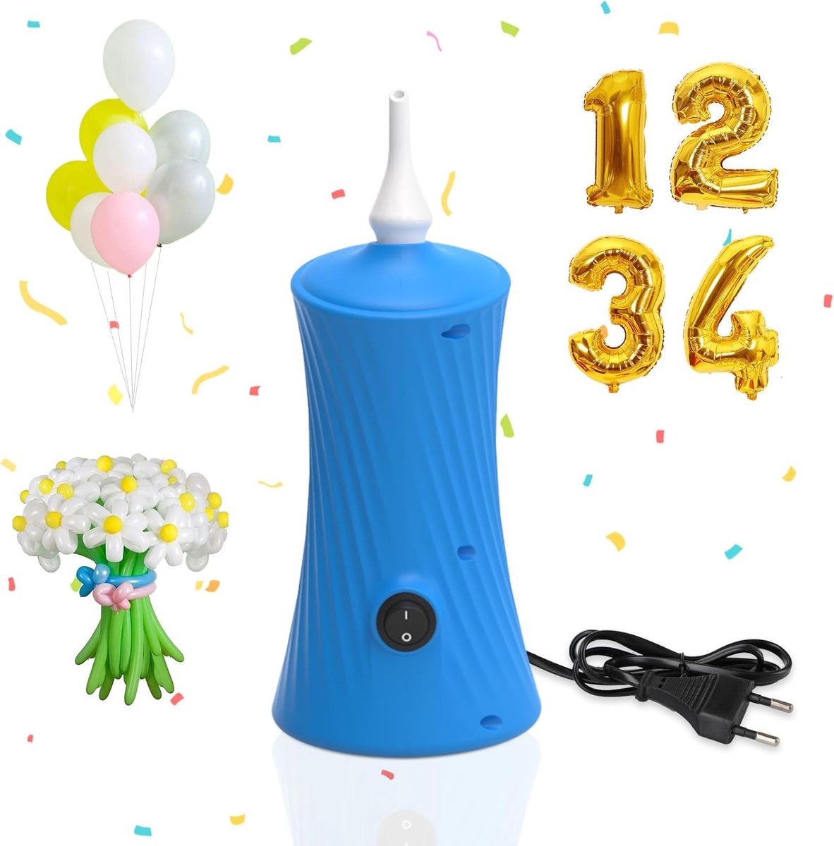 Ballonpomp, elektrisch, 30 W, balpomp voor lange ballonnen en folieballonnen, stil en slank design, mini-luchtpomp, CEE 7/16, elektrische luchtpomp, voor feest, bruiloft, verjaardag, blauw