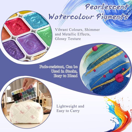 Verfset, metallic waterverf, effen glitter waterverfdoos, parelmoerachtige meta-llic aquarelverf, draagbare glitter aquarelverf voor kunstenaars en schilders — afbeelding 2