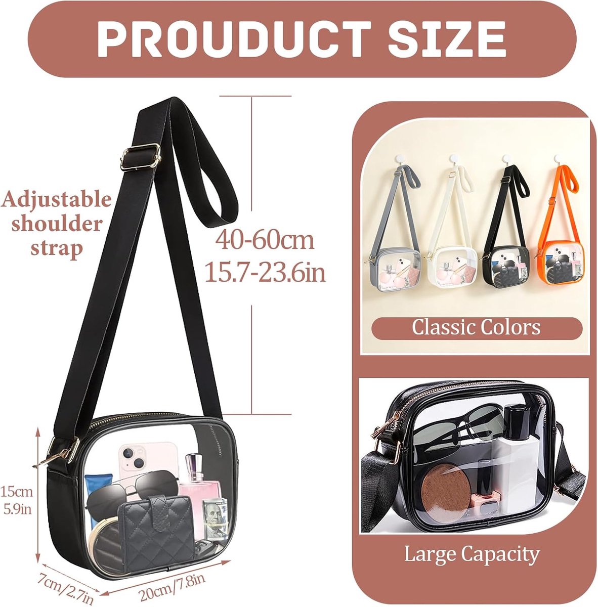 tas voor dames, transparante schoudertas, waterdichte schoudertas, handtassen met verstelbare schouderriem voor concerten, sportevenementen, reizen