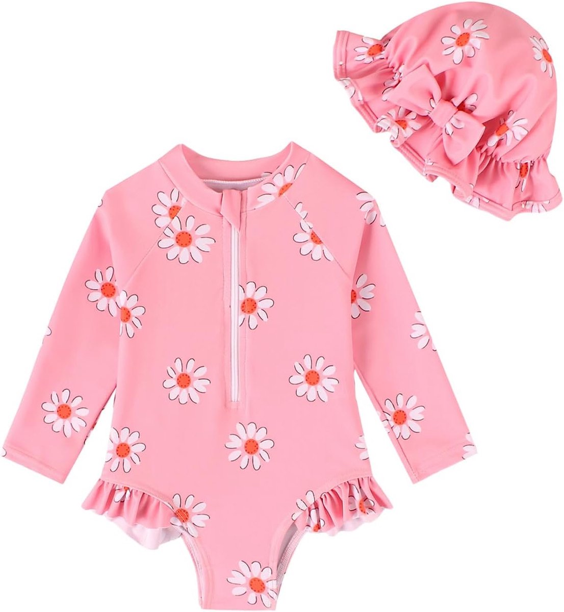 Babybadpak voor meisjes met zonnehoed, lange mouwen, uv-bescherming, badkleding voor baby-meisjes, badmode, zwempak