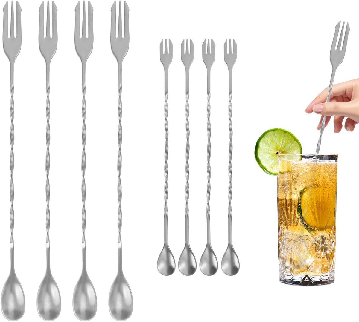 8-delige barlepels, cocktailroerder voor het mengen van drank, 26 cm tot 32 cm, roestvrij staal, lange handgreep, spiraal, roerlepel met drietandpunt (zilver)
