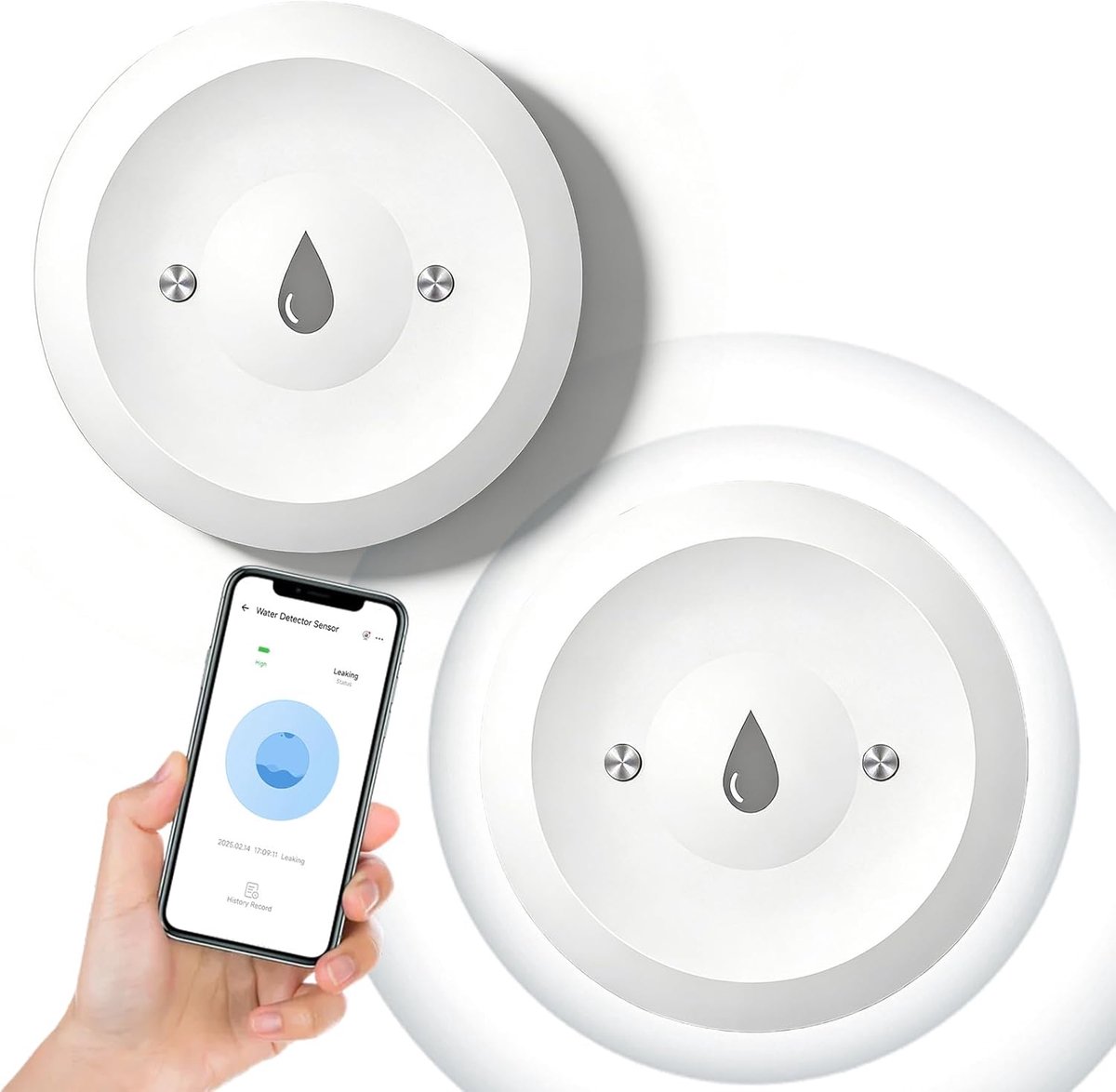 Watermelder, wifi, watersensor, 2 stuks, smart watermelder, draadloze watersensor, waterbewaker, smart wateralarmmelder, alarm en app-melding, voor keuken, badkamer en kelder