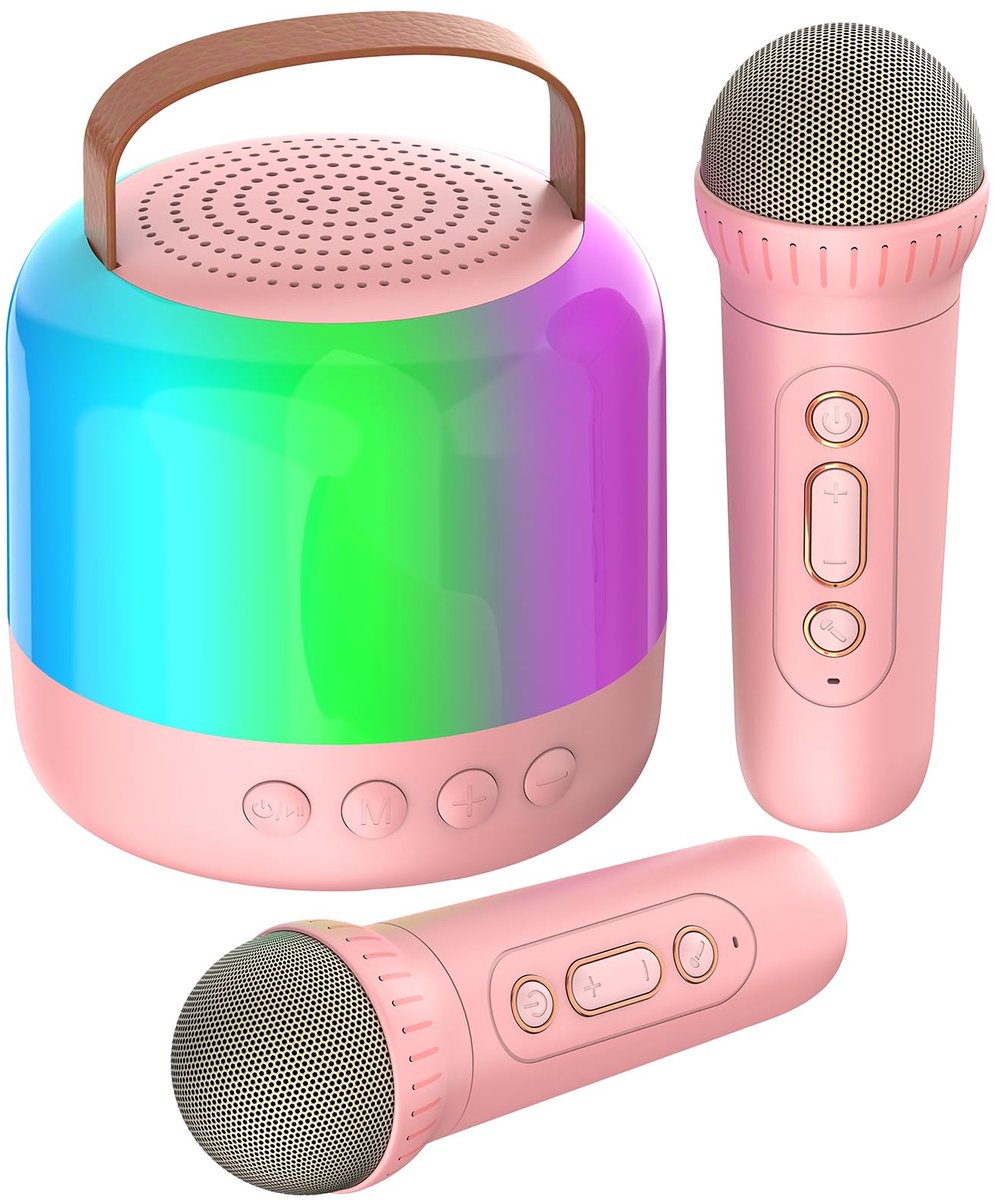 SnelShoppen - Draagbare karaoke voor kinderen met 2 draadloze microfoons, bluetooth-luidspreker met LED-lampjes in 5 kleuren en magische geluidseffect