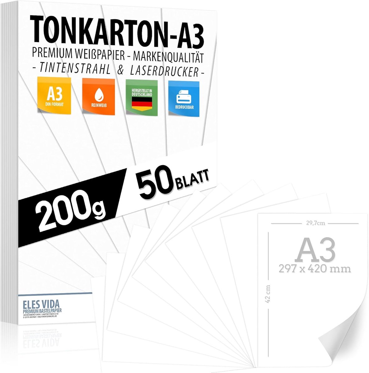 SnelShoppen - 50 vellen A3 wit knutselkarton, 200 g/m² premium papier, zuiver wit, onbedrukt, voor fotografie, presentaties, knutselen en kleurkarton,