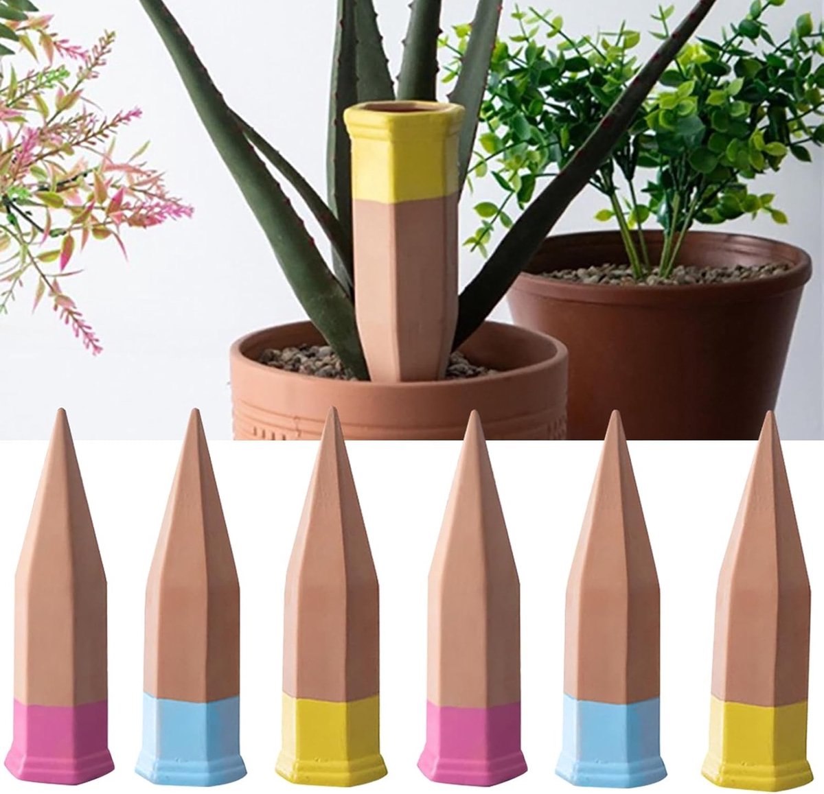 Automatische Plant Watering Sticks, Terracotta Zelfwaterende Spikes voor Potplanten, Langzame Waterafgifte voor Bloemen en Planten, 6 Stuks van 190ml