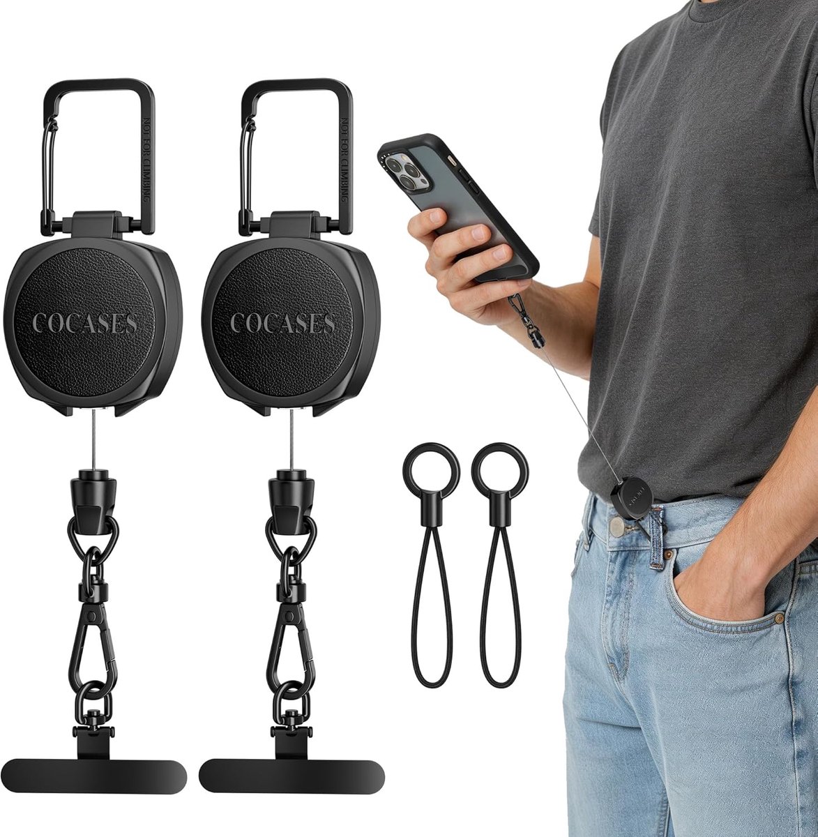 SnelShoppen - 2 Stuks Anti-Diefstal Mobiele Telefoonbeveiliging met Intrekbare Telefoonband en Karabijnhaak, 360° Metalen Houder, Diefstalbeveiliging