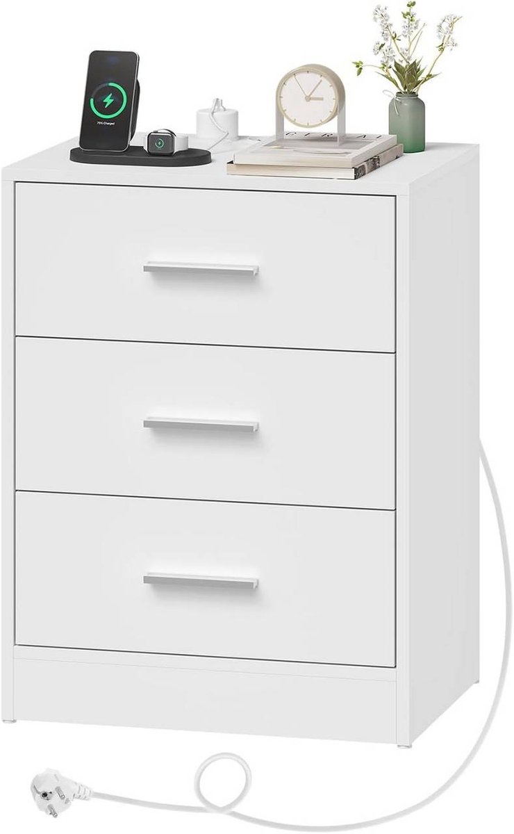 SureDeal® - Nachtkastje - Bijzettafel - Oplaadfunctie - Contactdoos - 3 lade - 39x28x54 cm - Wit