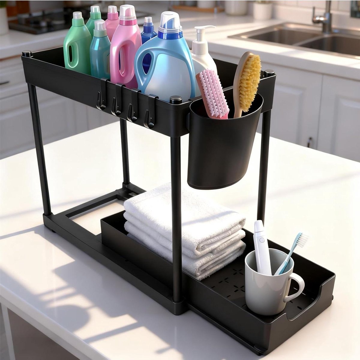 Opbergrek Lades - Keuken Organizer - Ruimte Besparen - Uittrekbaar Systeem - 2 Laags - Zwart