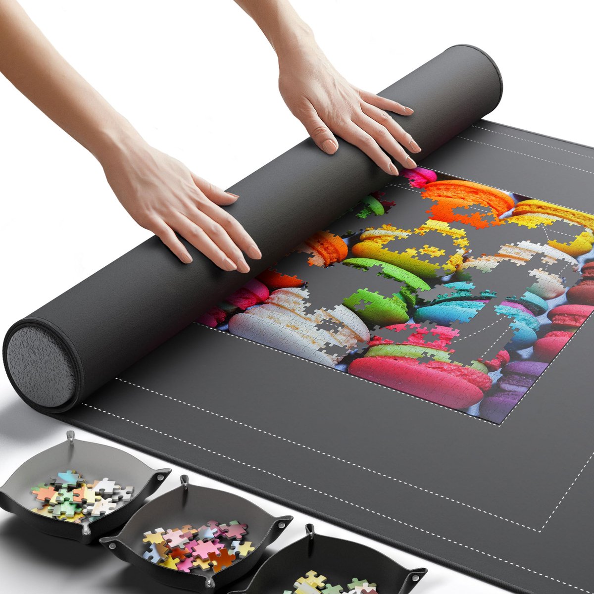 SnelShoppen - Puzzelmat oprolbaar 140 x 90 cm met antislip onderkant en polyester bovenkant, spaarmat voor 3000 stukjes, inclusief 3 puzzelsorteerbakk