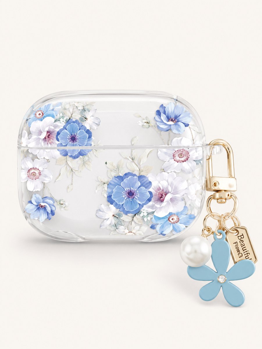 Enluxe Case geschikt voor Airpods 4 - Blauwe Bloemen - Transparant Hoesje met Bloemhanger, Schokbestendig