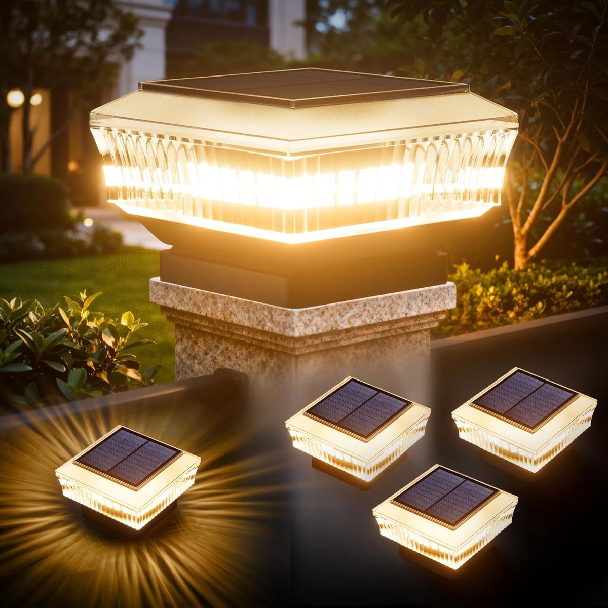 Solar Post Lights 4 Pack, IP65 waterdicht hek post cap licht met 3 kleuren modi, zonne-lamp posten voor dek patio tuin achtertuin veranda pad