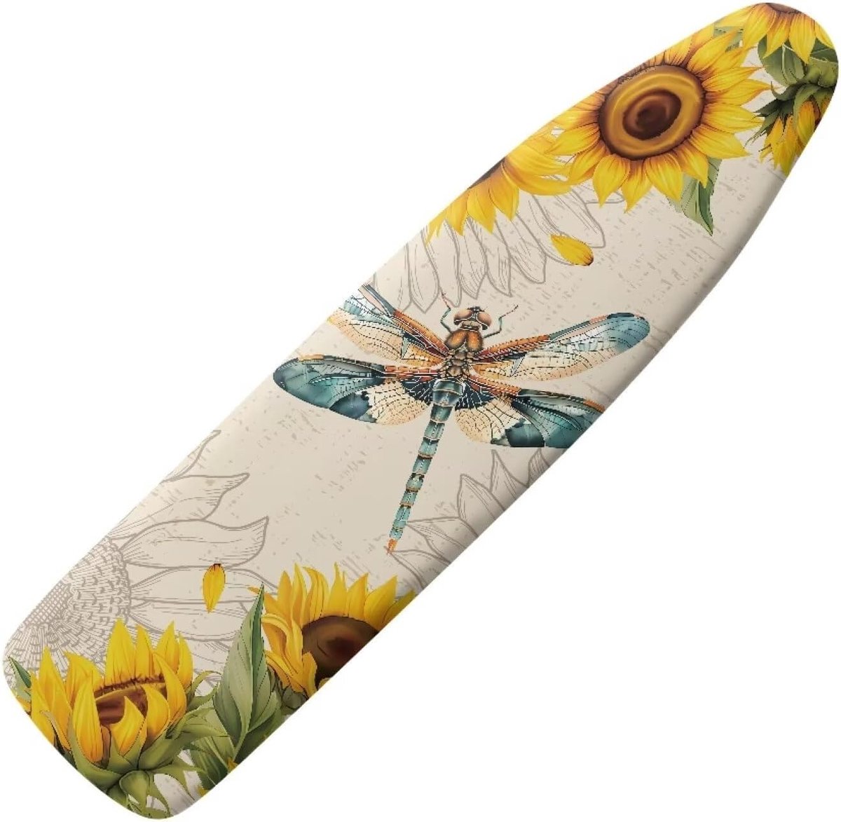 Strijkplankhoes met zonnebloem en libelle kunstprint, passend voor strijkplank 45 × 125 cm, stoomdoorlatende katoenen vervanghoes met dempingslaag voor strijkplank