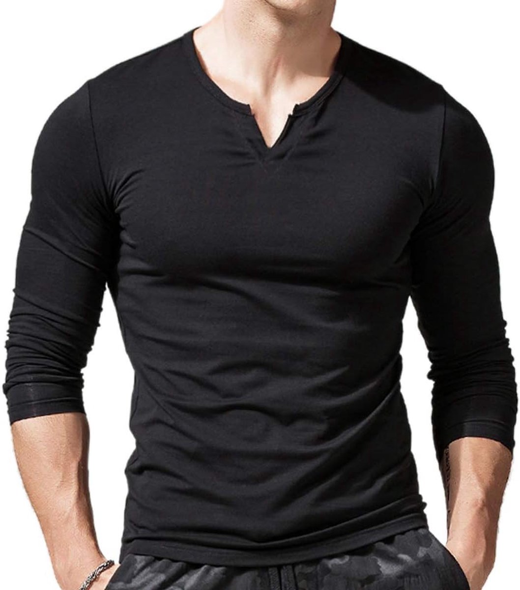 Slim Fit Lange mouwen Henley T-shirt Casual V-hals onderhemden Katoen