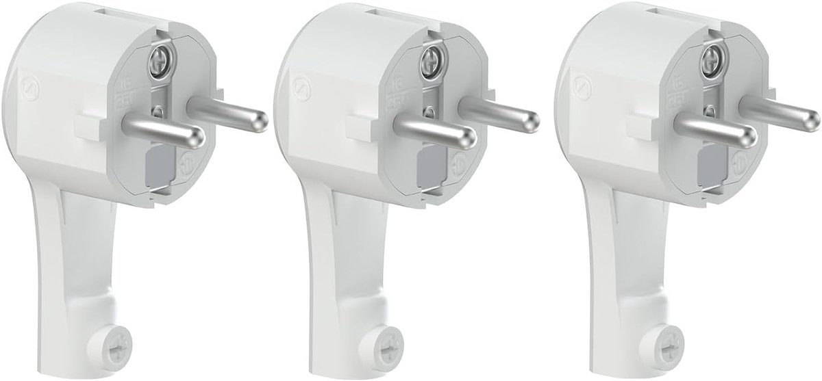 stekker 3 stuks, platte stekker IP20, extra platte haakse Schuko-stekker 250V 16A, kabels 1,5 mm², platte Schuko-stekker met trekontlasting, Wit