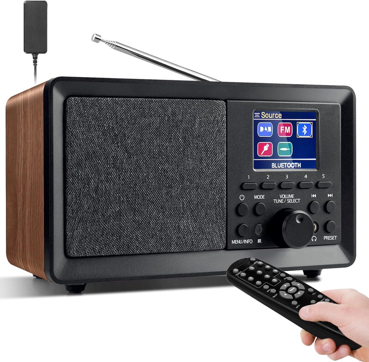 Radio met Afstandsbediening, DAB+/FM-radio met Bluetooth, Retro Houten Digitale Radio Keukenradio Dubbele Alarmklok en USB/AUX-Poort