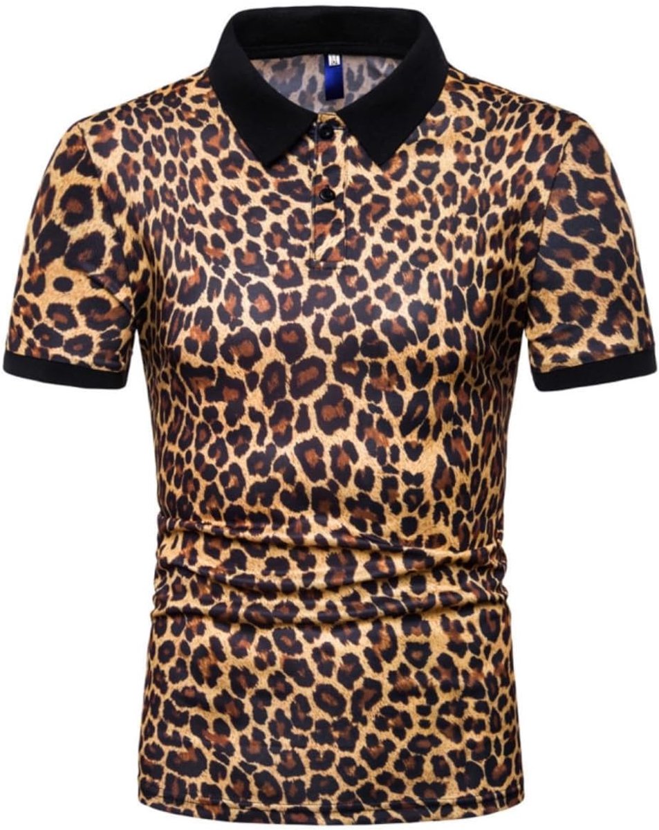 Poloshirt voor heren met luipaardpatroon, korte mouwen, luipaardpatroon, knoopsluiting, normale opstaande kraag, golf- en tennistop, klassiek slank basic poloshirt voor de zomer