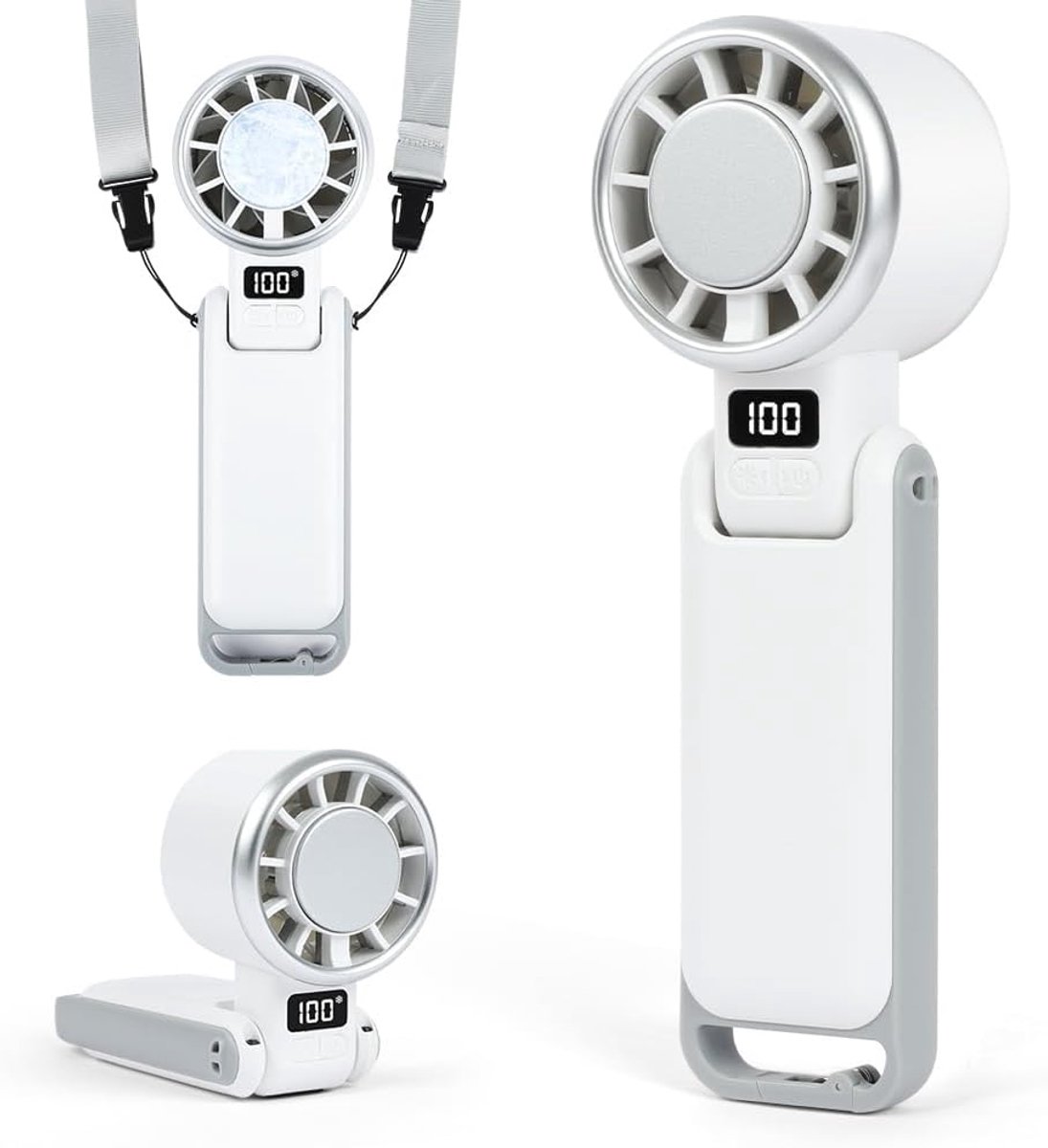 Draagbare handventilator Turbo, 180° opvouwbaar, met draagkoord-Wit | 3600mAh batterijcapaciteit, 5 krachtige snelheden, USB-C oplaadbaar, voor reizen, buitenactiviteiten, thuis en op kantoor