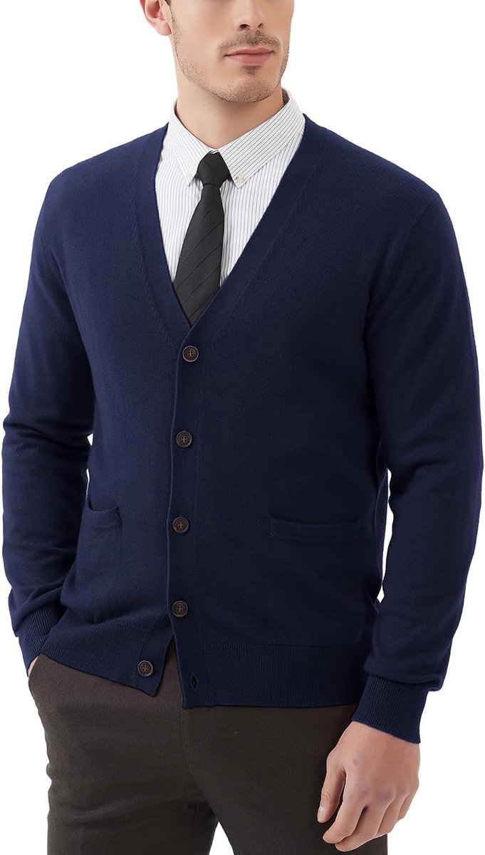 Cardigan Trui voor Heren, Gebreide Kasjmierwol, Relaxte Pasvorm, Gebreide V-hals Truien, met Knopen en Zakken Donkerblauw XL