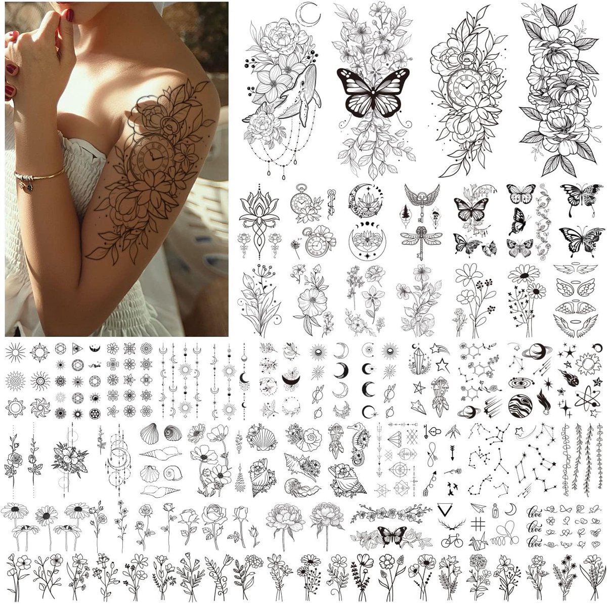 Tijdelijke tatoeages, 61 vellen, bloemen, vlindervleugels, zwarte schelp, nep-tatoeages voor vrouwen en meisjes, 3D, waterdicht, tijdelijke tatoeages voor kinderen en volwassenen