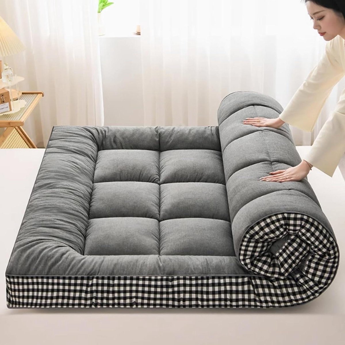 Vloermatras Slaapkussen - Opvouwbare Futonmatras - Extra Slaapplek Creëren - Ruimtebesparend Design - 90cm x 200cm - Grijs