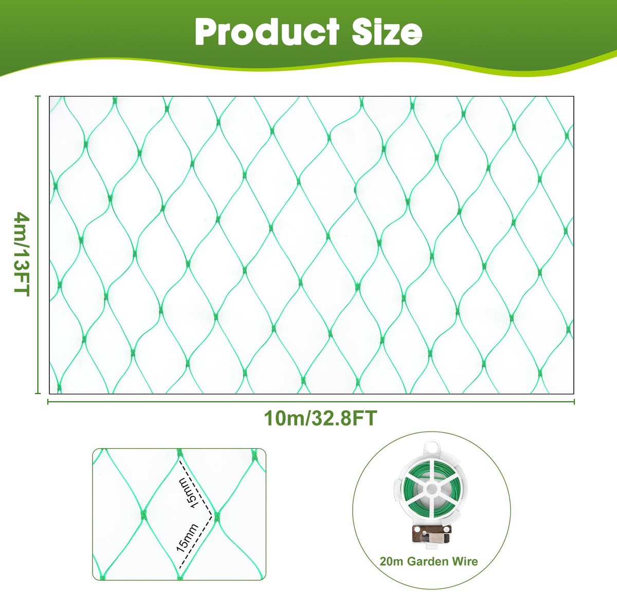 SnelShoppen - Vogelbeschermingsnet 4m x 10m met 20m Kabelbinder - Tuinnet, Vogelnet, Zwembadnet, Vijvernet, Plantennet voor Duivenafweer, Vogelafweer,