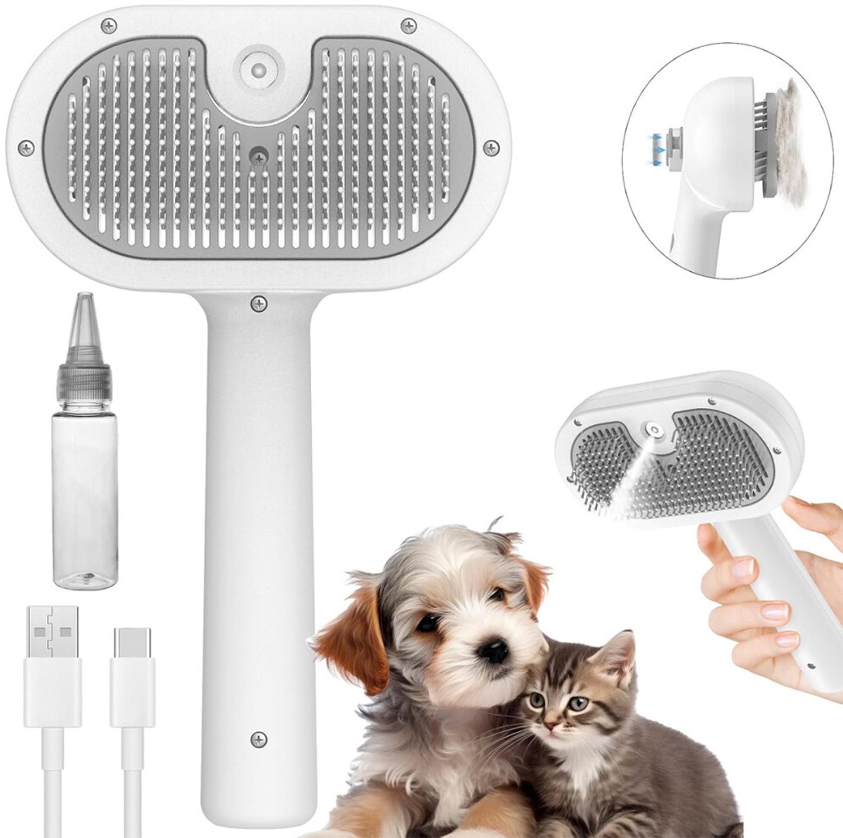 Stoomborstel voor katten en honden - 3-in-1 ontwerp - Geschikt voor katten en honden - Professionele stoomborstel voor verzorging - Verwijdert effectief haar - Sprayborstel voor huisdieren - Kan worden uitgebreid met een watersprayfunctie - Wit