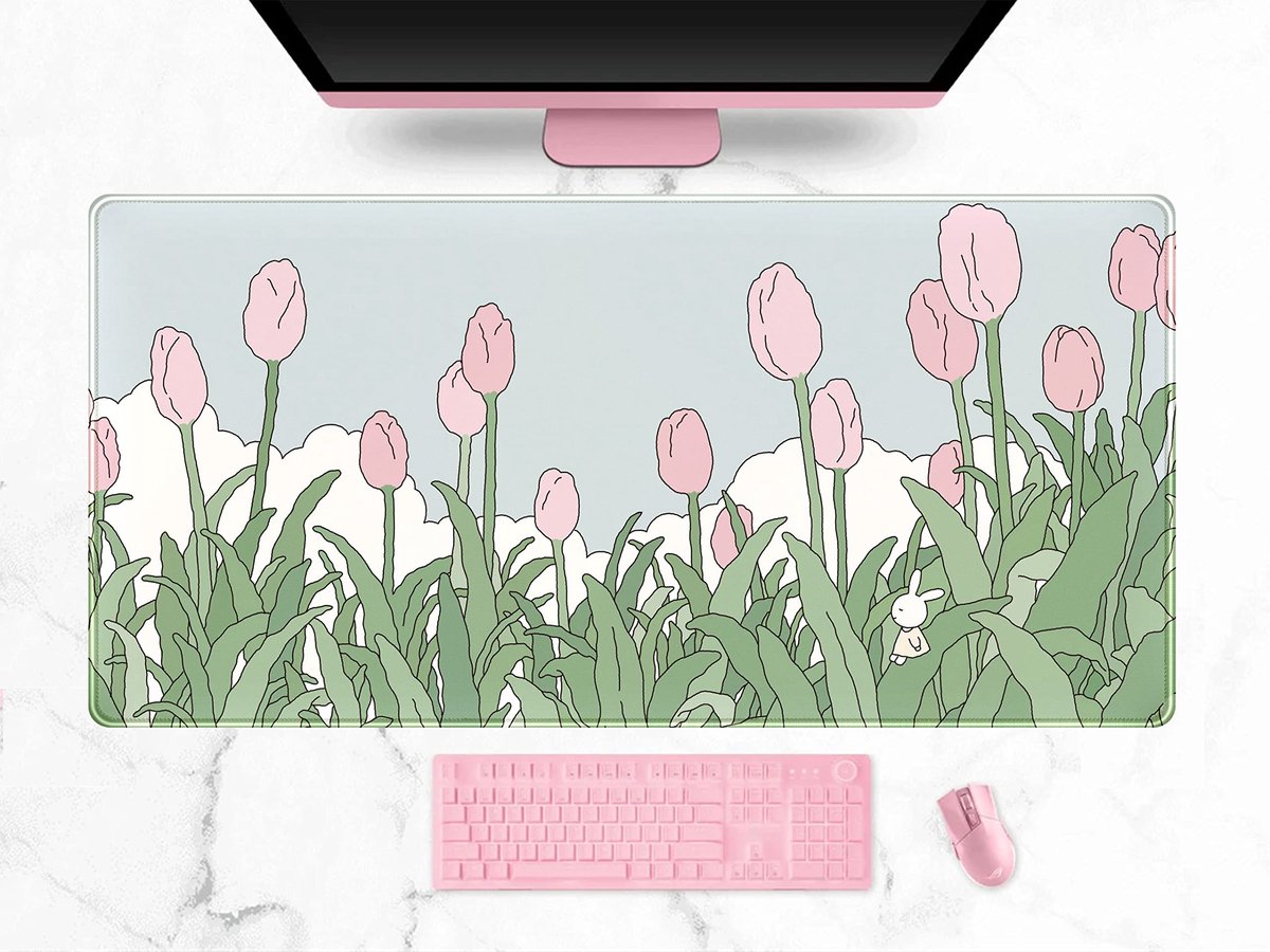 SnelShoppen - Aquarel Tulp Muismat XXL Gaming Bureau Mat - Kawaii Anime Roze Groen - Draadloze Muis Toetsenbord Mat 80 x 40 cm met Gestikte Randen - C