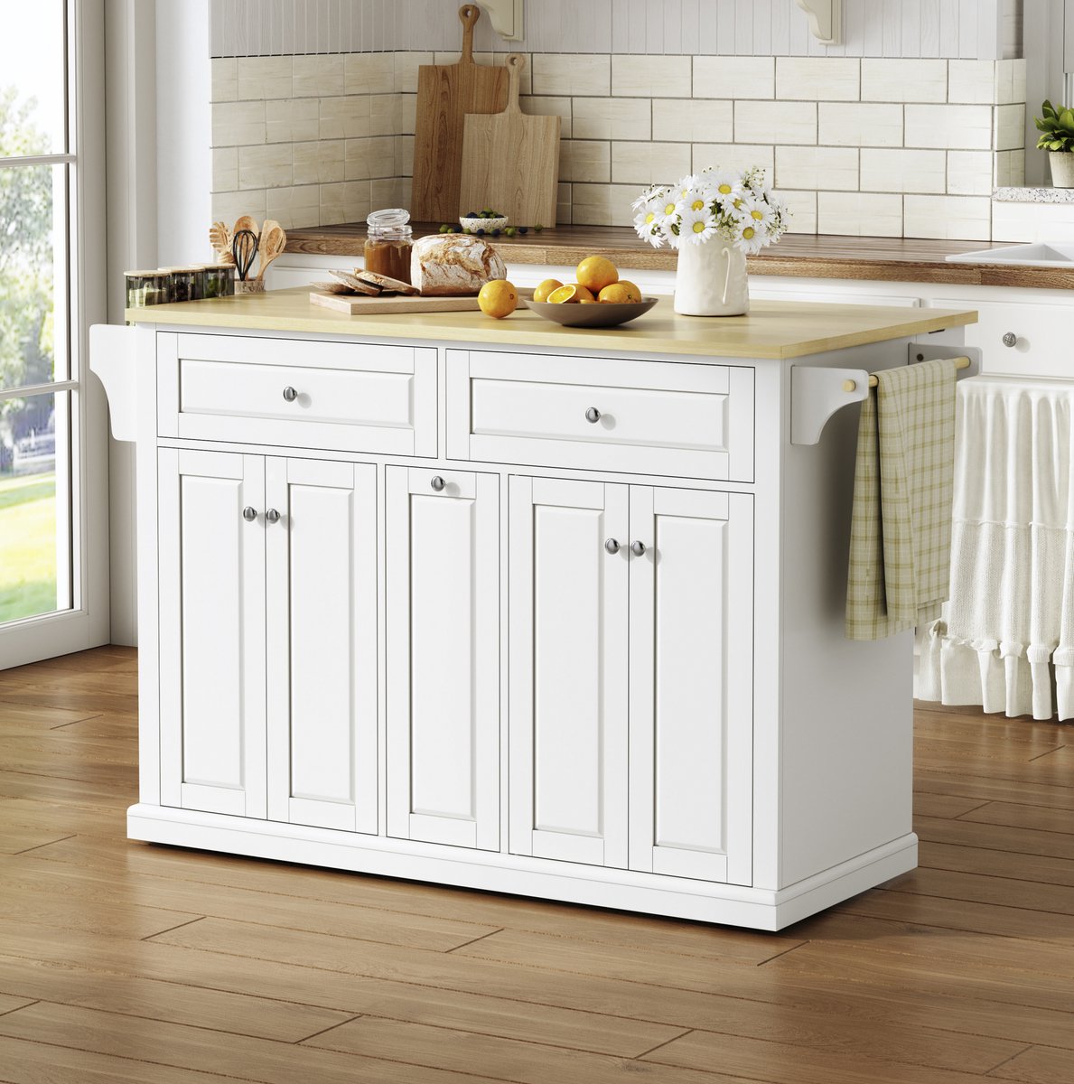 HAUSS SPOLE Keukenkast - Mobiel Keukeneiland Met Klapbaar Werkblad En Lades - Voor Keuken En Eethoek - MDF - 121x69x89 Cm - Wit