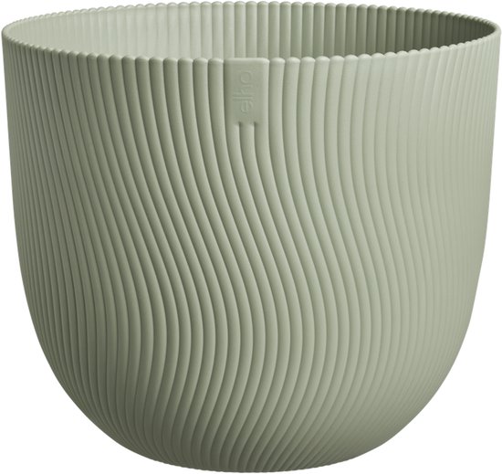 Grijze ronde bloempot van Elho met golvend ribbelpatroon. Het logo is zichtbaar op de voorkant.