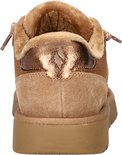 Achterkant van bruine Skechers sneaker met suède, mesh en bruine metallic detail.