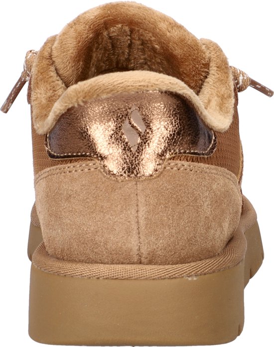 Achterkant van bruine Skechers sneaker met suède, mesh en bruine metallic detail.
