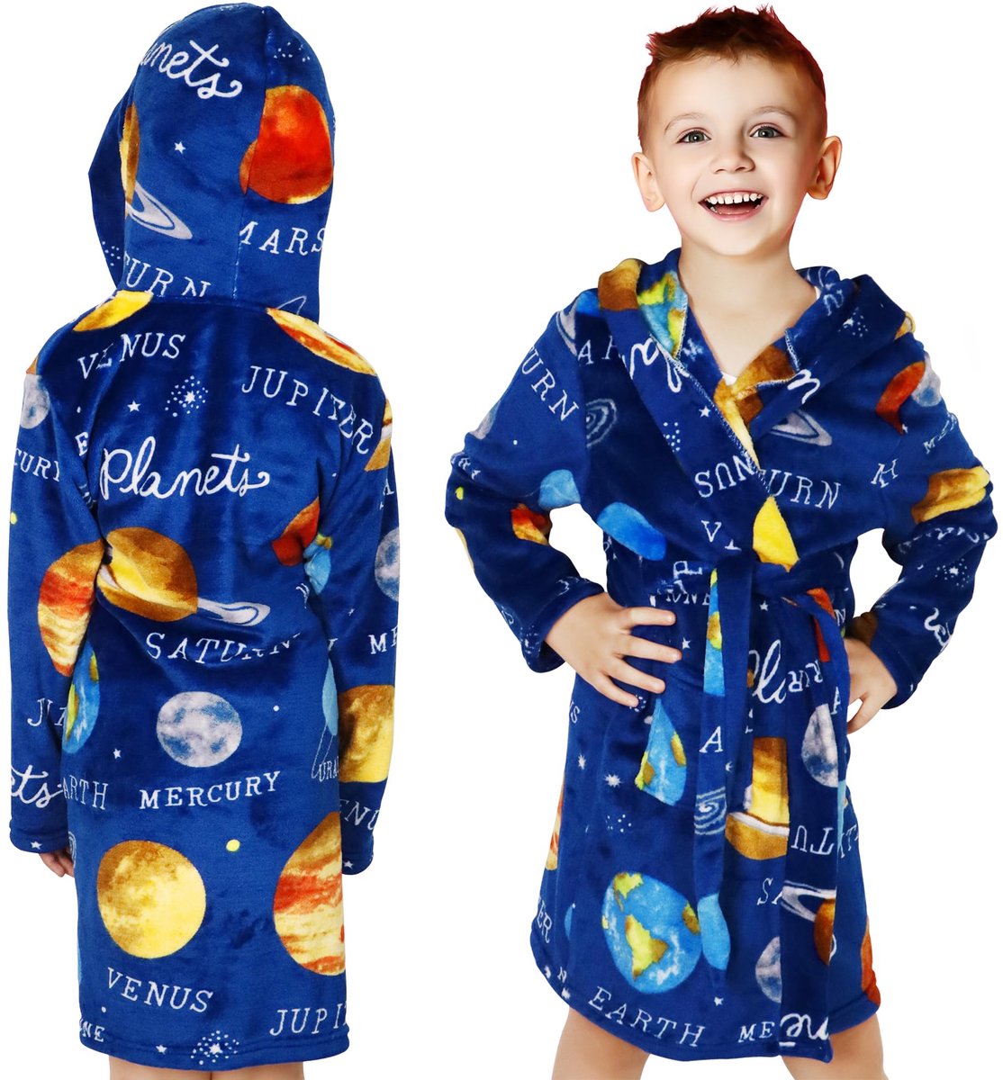 SnelShoppen - Baogaier Jongens Badjassen Ruimte Badjas Capuchon Blauwe Planeet Kinderbadjas Hooded Flanellen Lichtgewicht Pyjama Nachtkleding Dierenpa