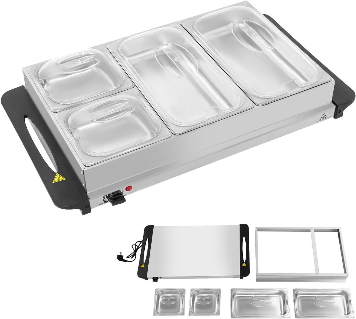 Voedselverwarmer Buffet - Warmhoudplaat Dienbladen - Evenementen Catering - Efficiënte Temperatuurregeling - 4 Schalen 2.5L - Zilver