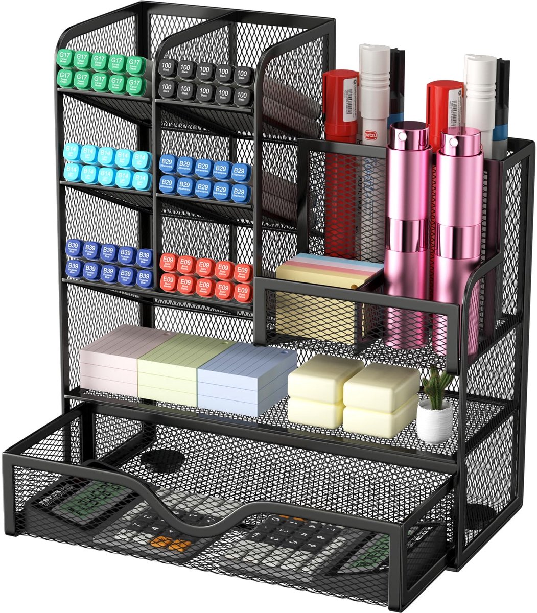 SnelShoppen - Comzantor Bureau Organizer, Multifunctionele Pennenhouder van Netmetaal met Lade, Schrijfwaren Organizer voor Thuis en School, Zwart