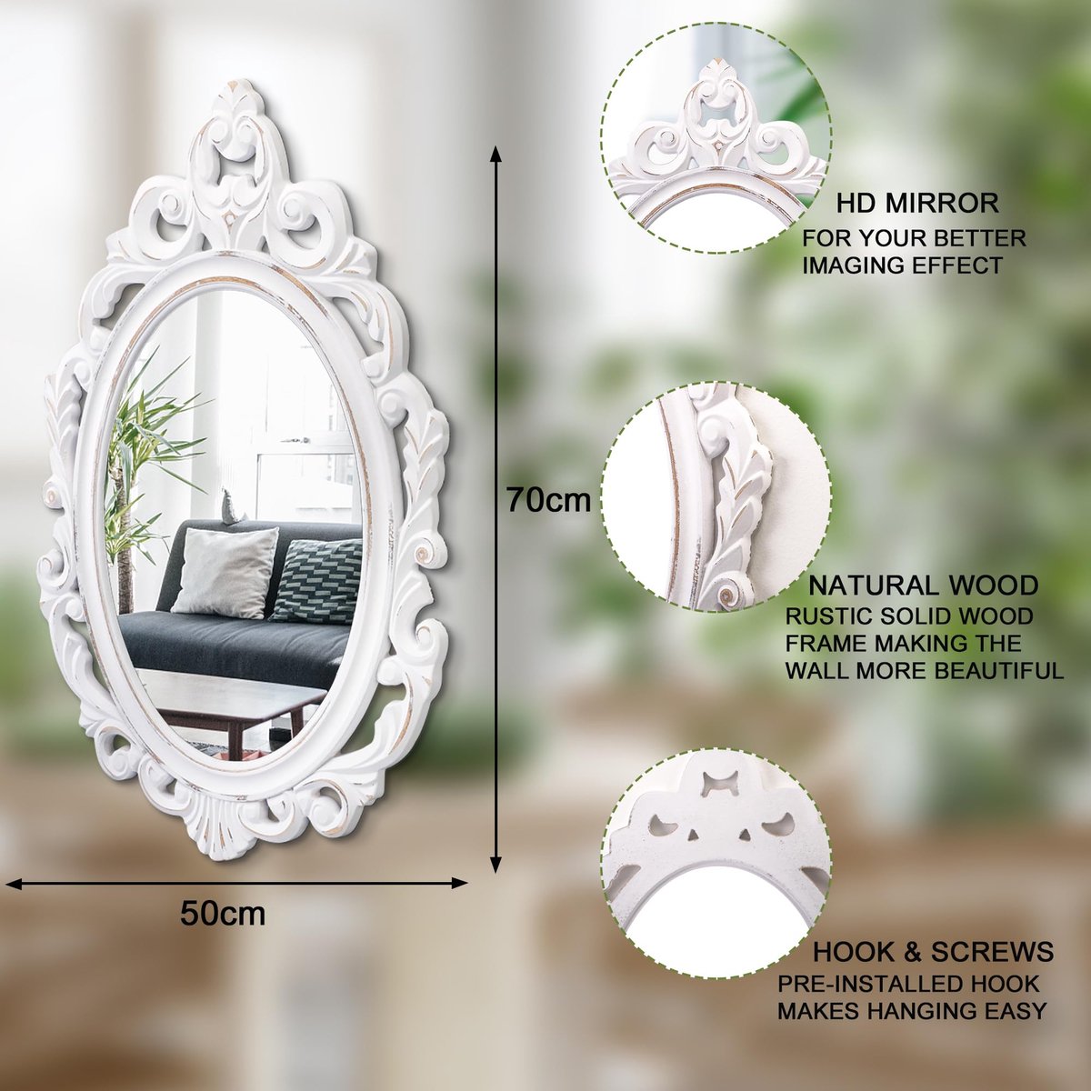 SnelShoppen - Ovale Houten Wandspiegel met Frame - Witte Vintage Spiegels in Barokke Stijl - Antieke Decoratieve Spiegel voor Slaapkamer en Woonkamer