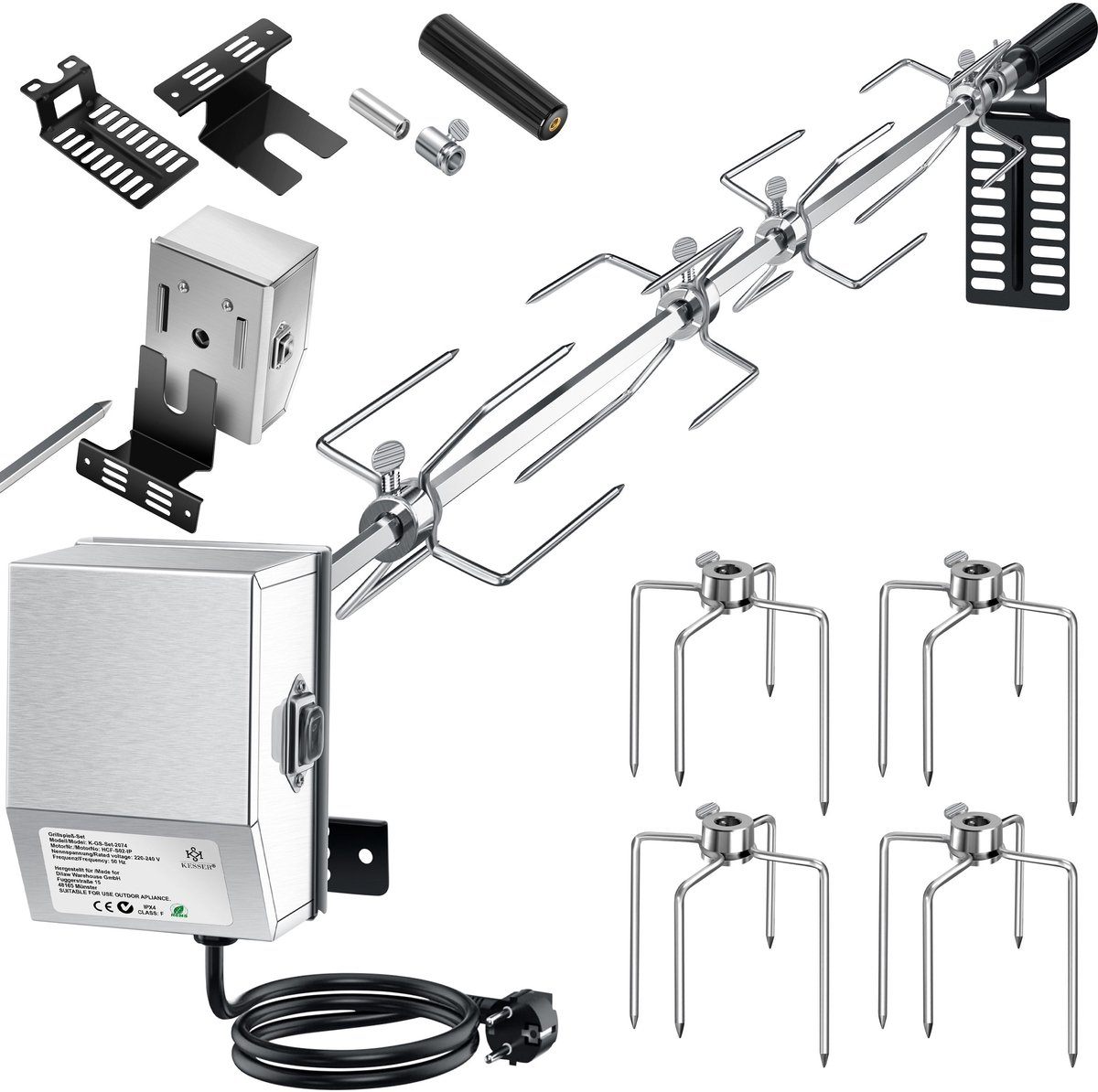 KESSER® Roestvrijstalen grillspies, 107 cm, geschikt voor Weber Spirit gasgrill met 4 x vleespennen, BBQ vleesklemmen, handvat en motor, elektrische draaispit, 220 V - 240 V, zilver