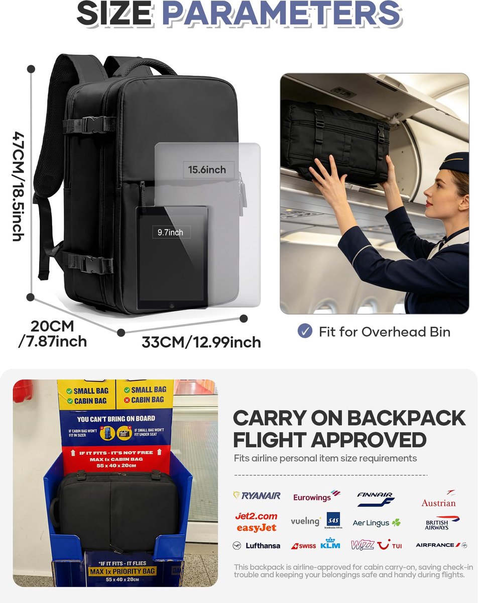 SnelShoppen - Vacuüm Rugzak 40x30x20 voor Ryanair, Wizzair, Handbagage, Vliegtuig, 40x20x25 Rugzak met Vacuümsysteem, Easyjet, Dames, Heren, Reisorgan