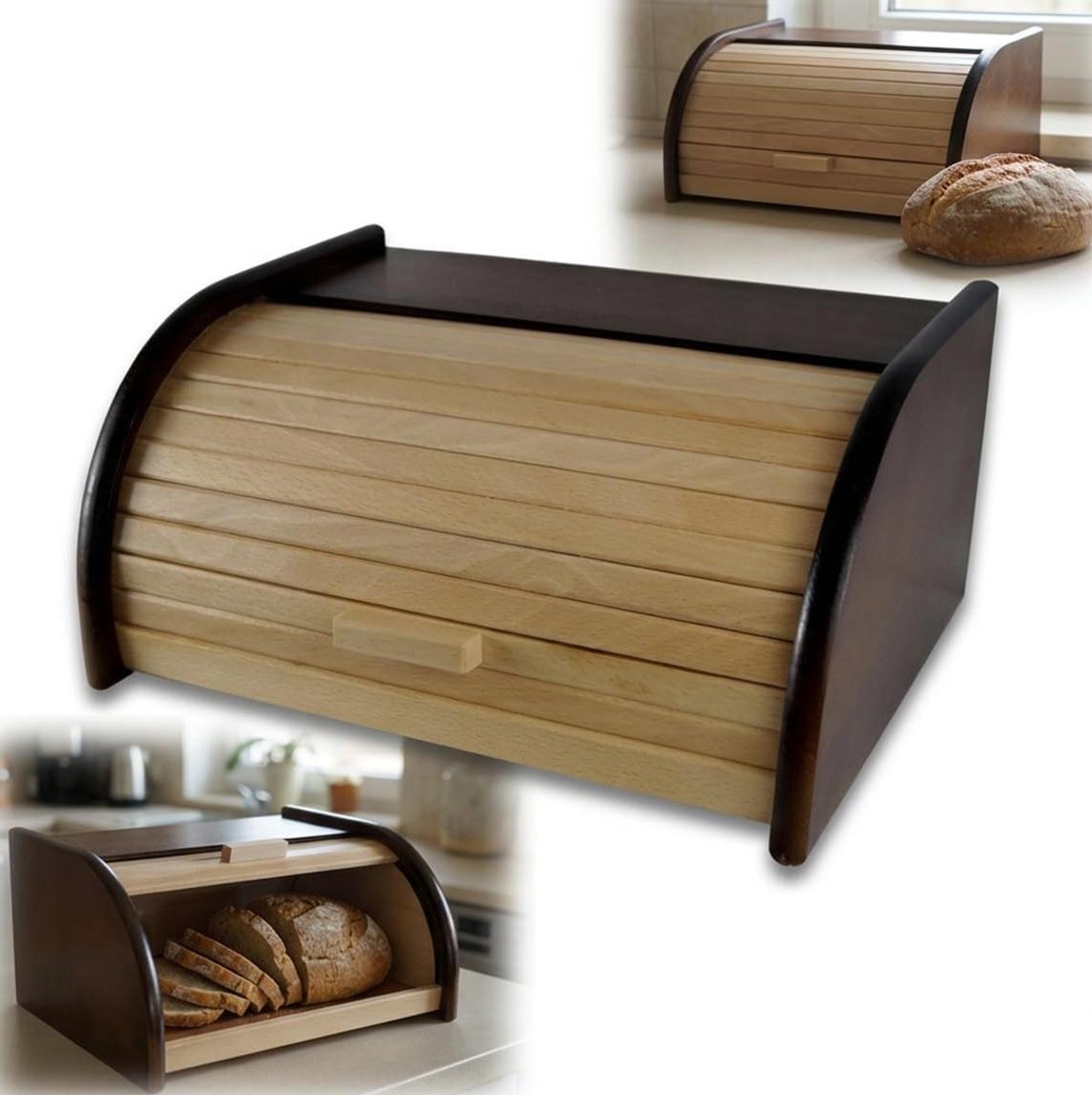 Broodtrommel Hout - Brooddoos Opslag - Brood Bewaren - Tweekleurig Design - 40x29x18 cm - Houtkleurig