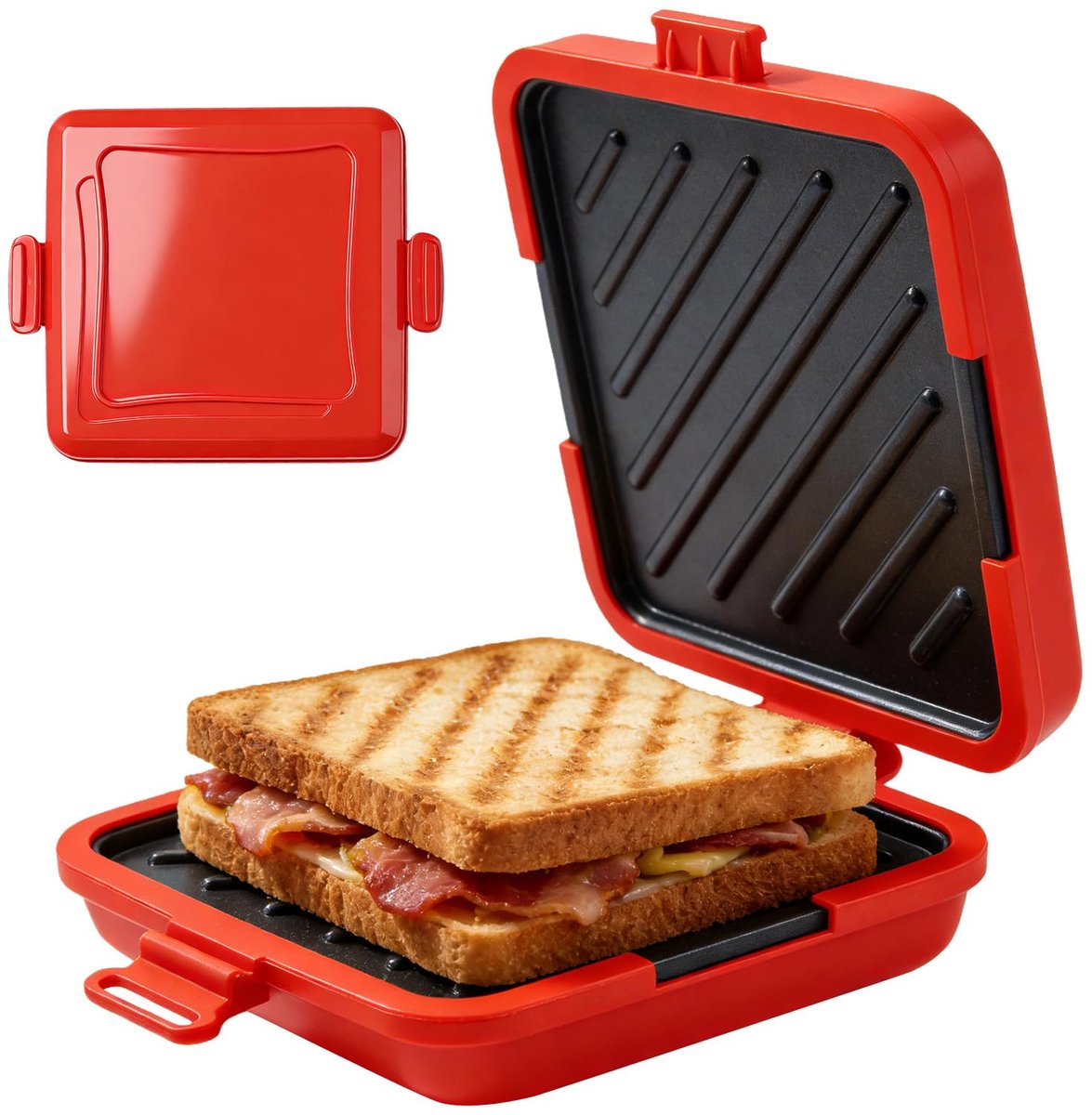 SnelShoppen - Sandwichmaker en Wafelijzer Magnetron Geschikt - Draadloze Broodrooster met Anti-aanbaklaag en Antiaanbakplaten - Rood - Ideaal voor Keu