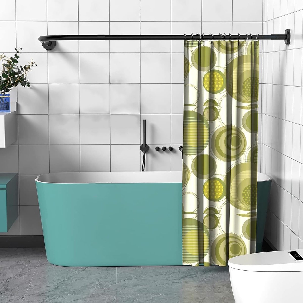 SnelShoppen - Douchegordijnstang Hoek Uitschuifbaar Zonder Boren, L-vormig Douchegordijnstang 70-95cm x 90-130cm in Zwart voor Badkamer en Prive Ruimt
