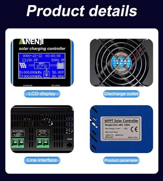 MPPT Laadregelaar – Zonnepaneel Regulator – Solar Controller – Acculader – Zonnelader – 100A Laadstroom – Automatische 12V/24V/48V Systeemherkenning