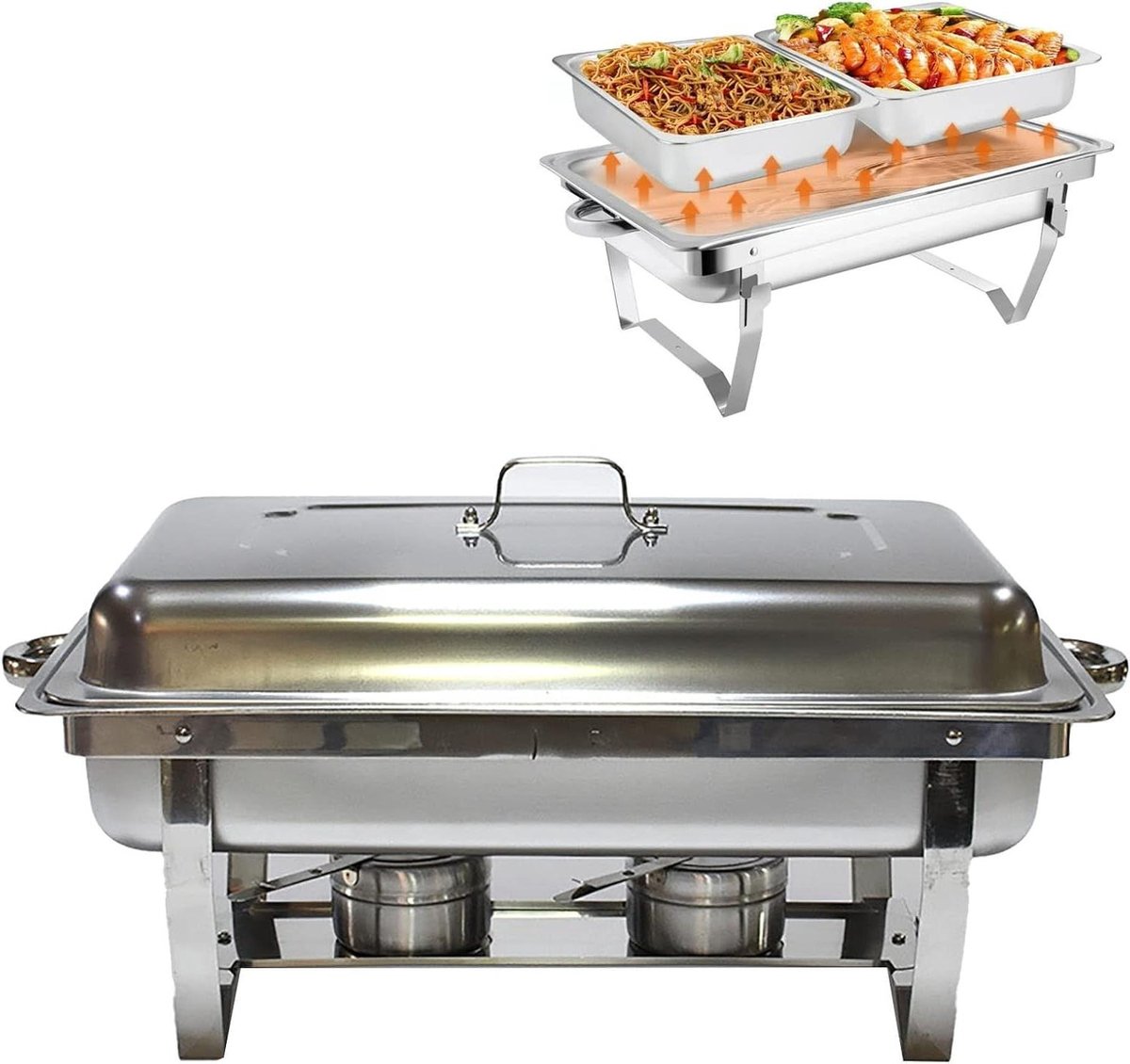 Buffet Verwarmer Set - Chafing Dish - Eten Warm Houden - Roestvrij Staal - 55x26x35cm - Zilver