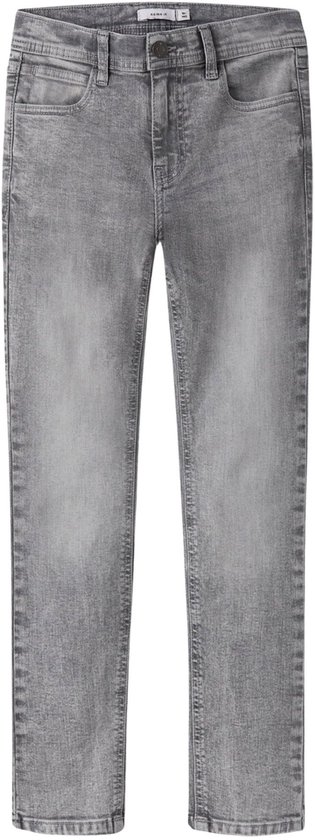 Rechtdoorzittende grijze jeans met twee voorzakken en twee achterzakken.