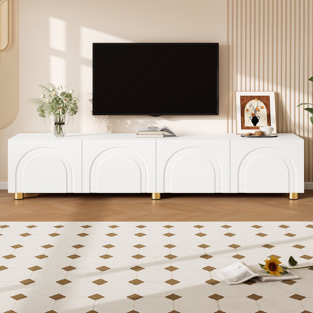 VVBV TV-Meubel 180 cm - Wit Lowboard met 4 Deuren, 3D-Boogreliëf, Metalen Poten, MDF, Spaanplaat, Opbergruimte, TV-Dressoir