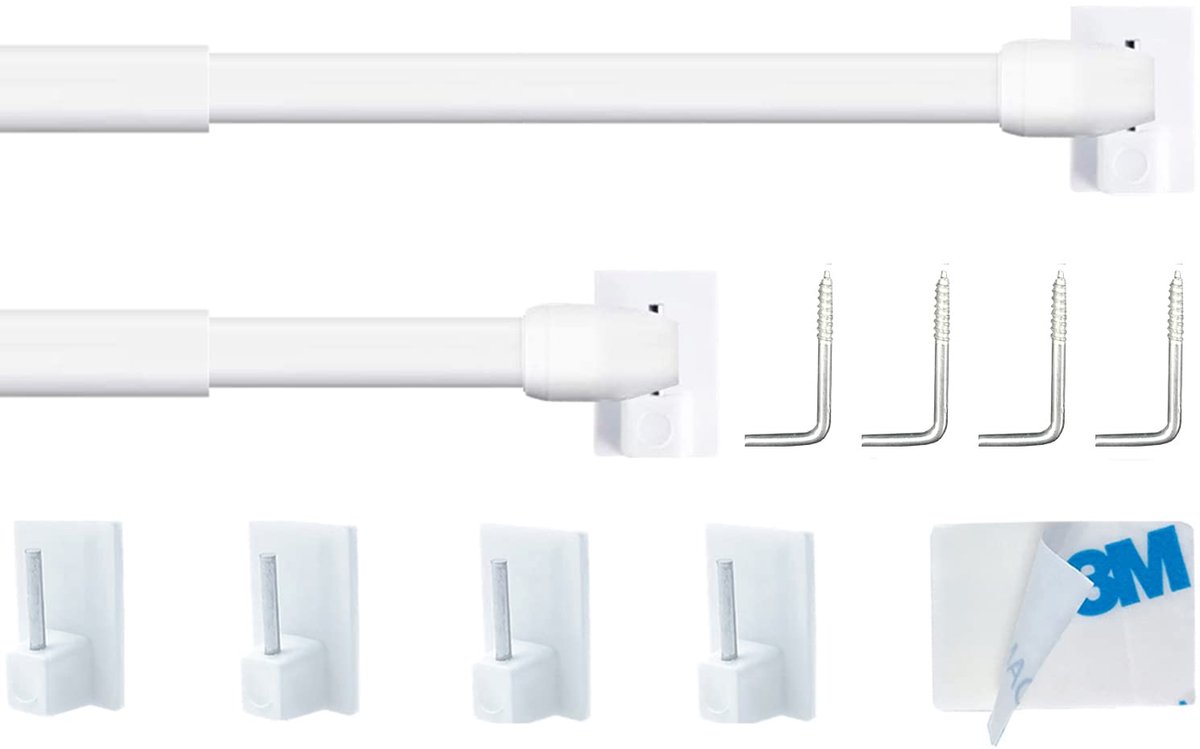SnelShoppen - 2 Stuks Uitschuifbare Net Gordijnroede Wit - Verstelbare Stang voor Muren - Inclusief 4 Zelfklevende Staafhaken - 90-150 cm voor Ramen e