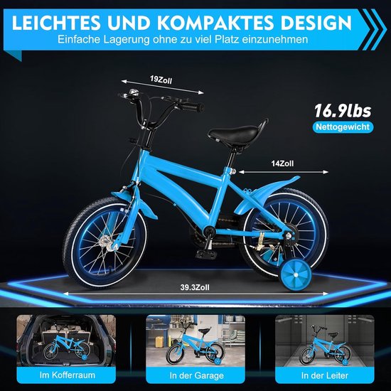 Eszenzics™ Kinderfiets model Sep - 14 inch - Blauw - Hoogwaardig frame - Dubbel remsysteem - Zijwieltjes - Verstelbaar zadel - Unisex van Eszenzics™ — afbeelding 2